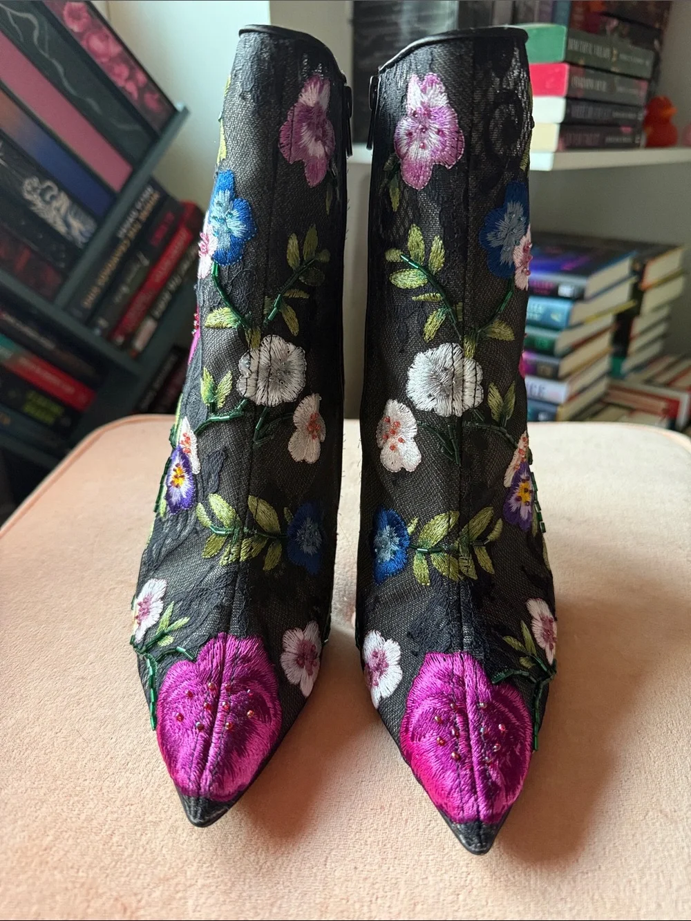 Betsey Johnson Black Floral Embroidered Pointed Toe Ankle Boots